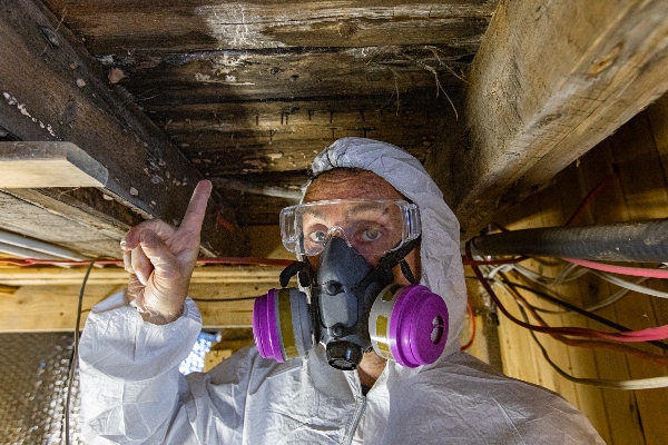 A mold detection expert points to a spot where water has seeped into the wood and caused dangerous mold to grow.