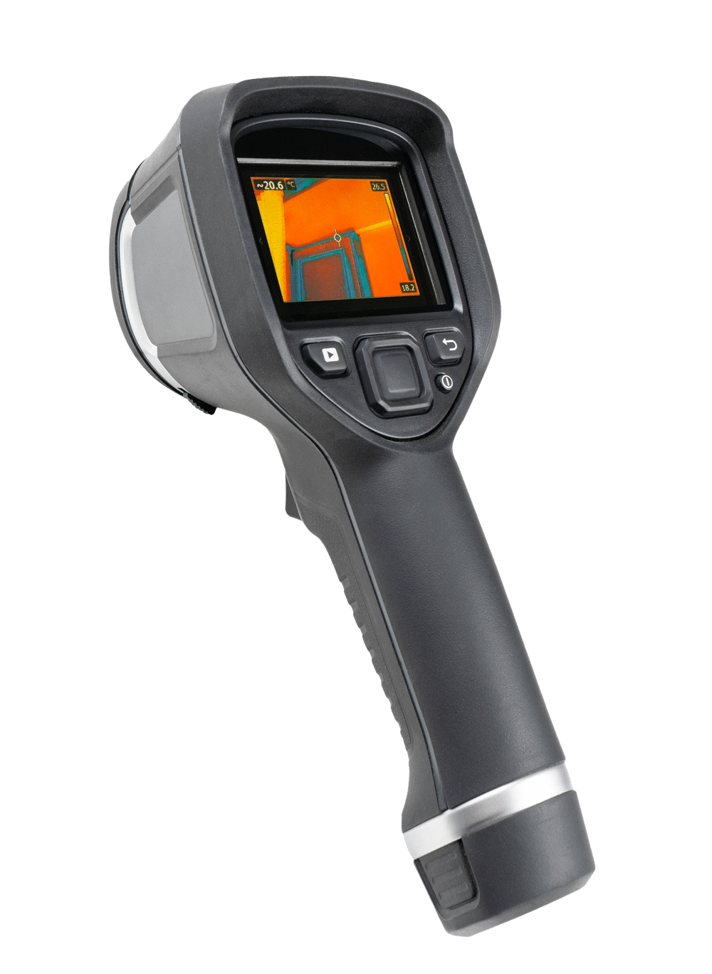 Handheld thermal imaging camera with display showing a heat map.